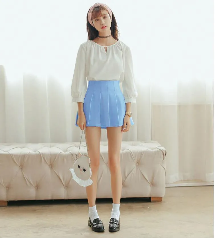 Korean College Skirt Solid Colored All-Matching Slim Look Saucy Pleated Tennis Women Skirt
