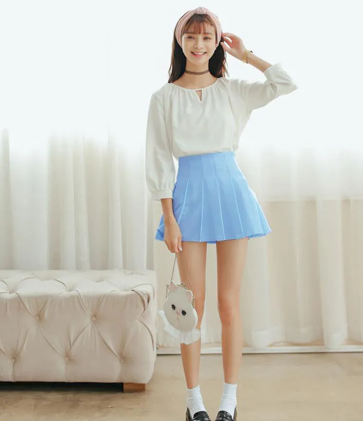 Korean College Skirt Solid Colored All-Matching Slim Look Saucy Pleated Tennis Women Skirt
