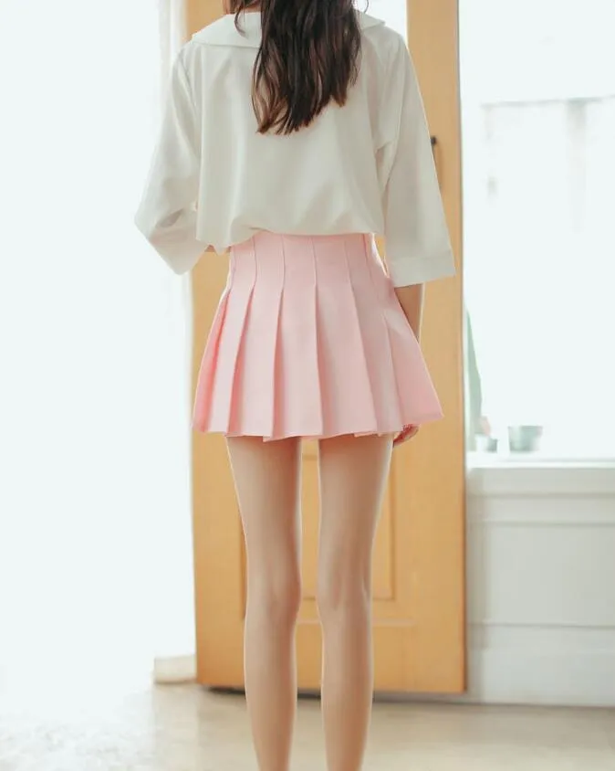 Korean College Skirt Solid Colored All-Matching Slim Look Saucy Pleated Tennis Women Skirt