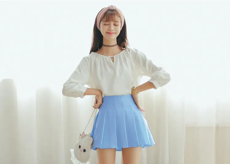 Korean College Skirt Solid Colored All-Matching Slim Look Saucy Pleated Tennis Women Skirt
