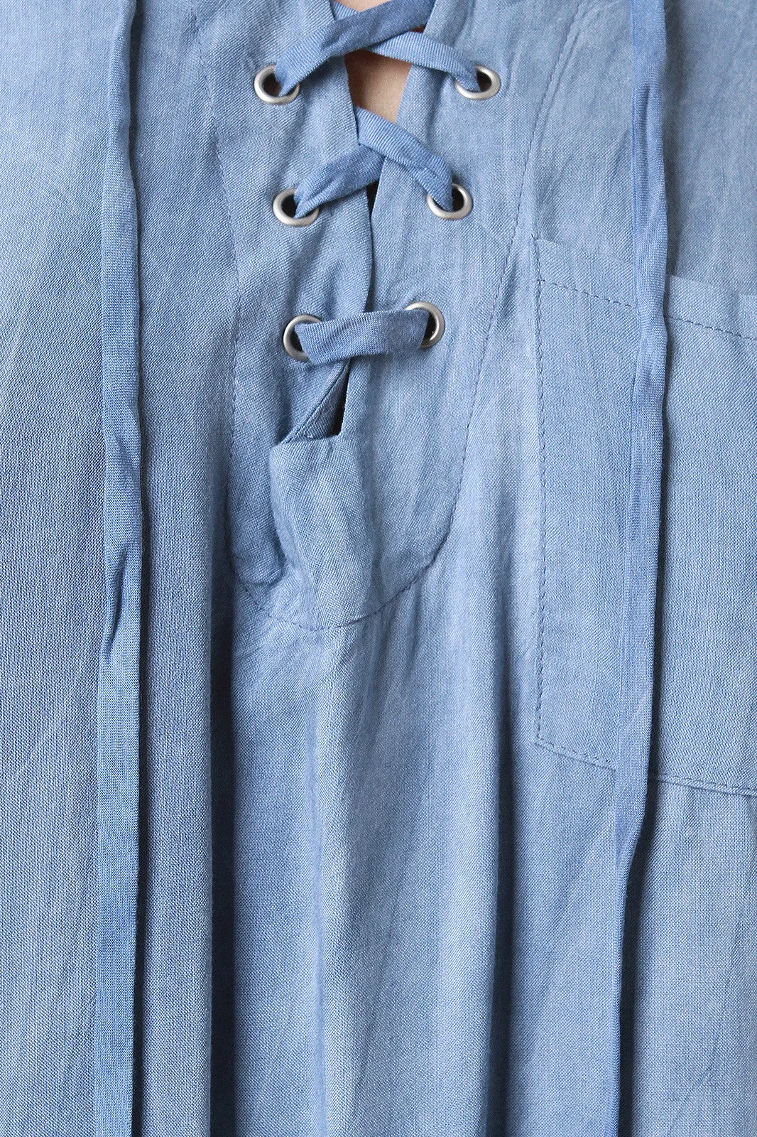 Lace Up Neckline Chambray Shirt Dress