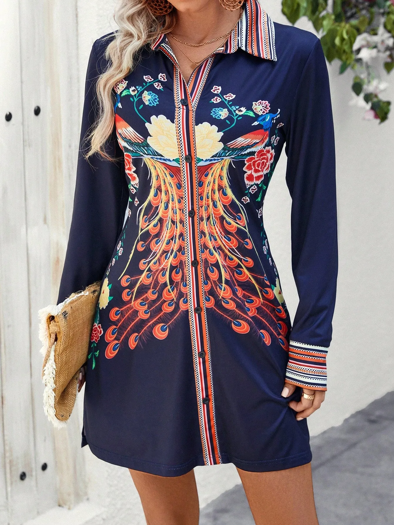 Ladies" Peacock Flower Print Shirt Dresses With Buttons