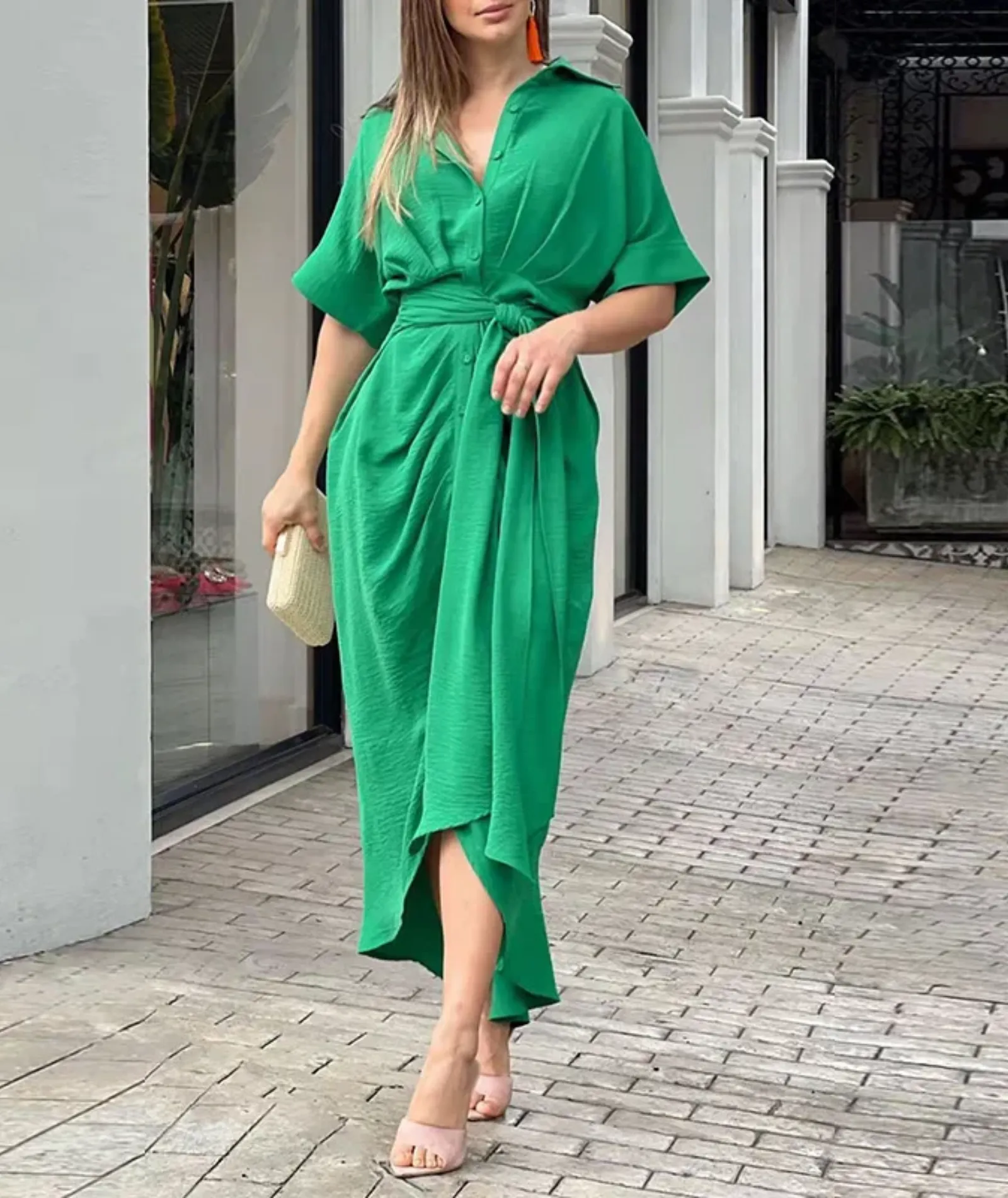 Lapel Lace-Up Shirt Dress