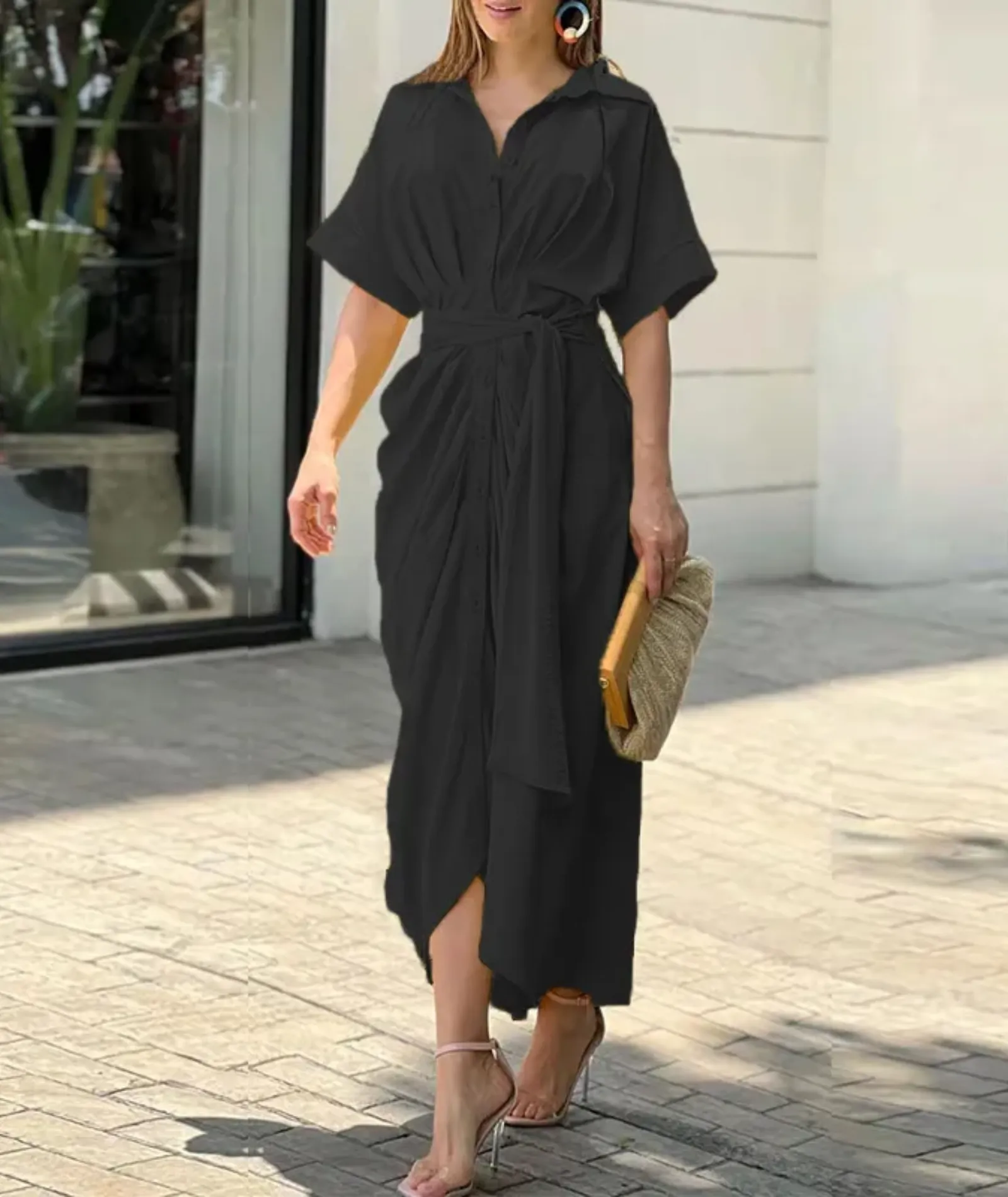 Lapel Lace-Up Shirt Dress