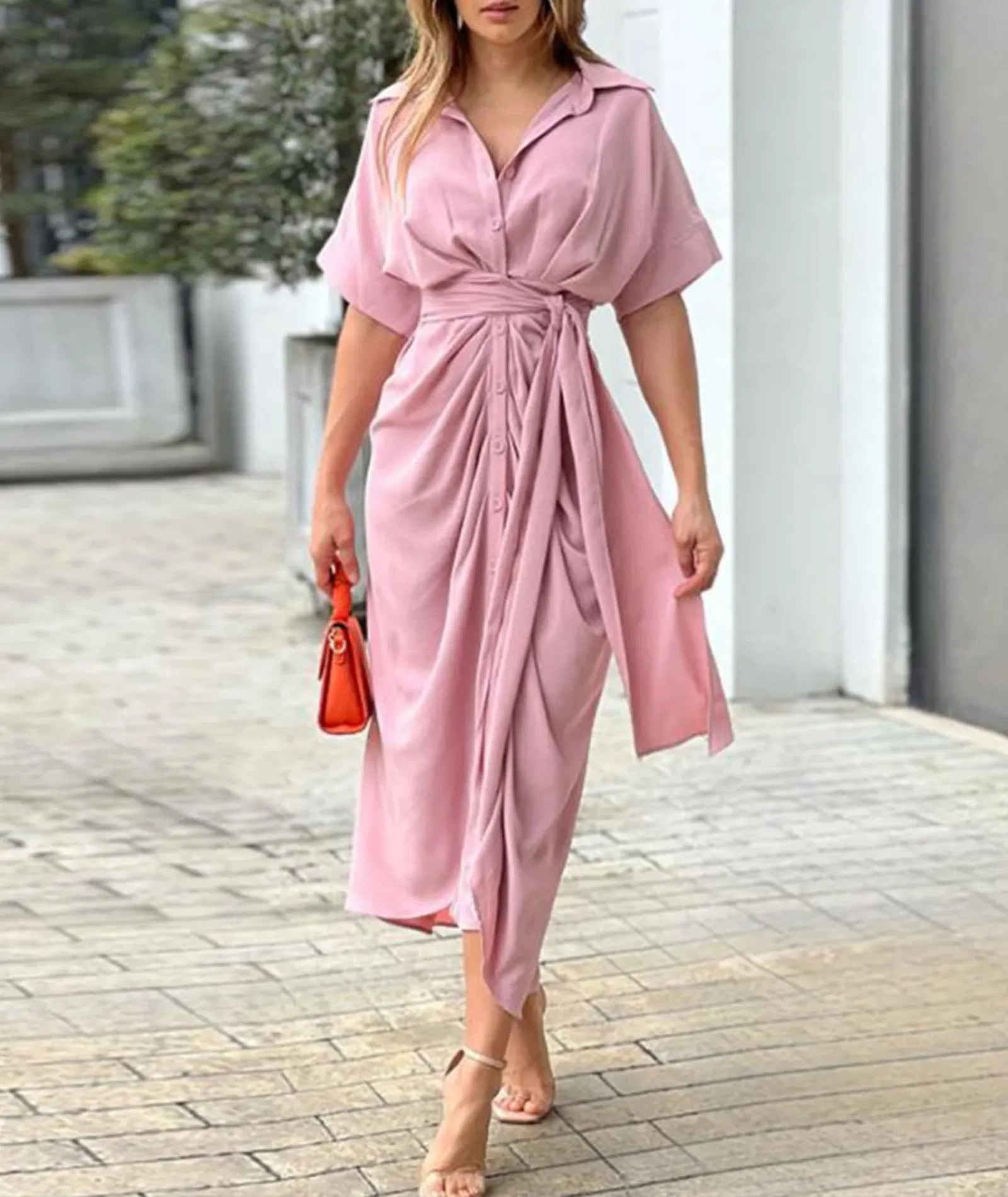 Lapel Lace-Up Shirt Dress