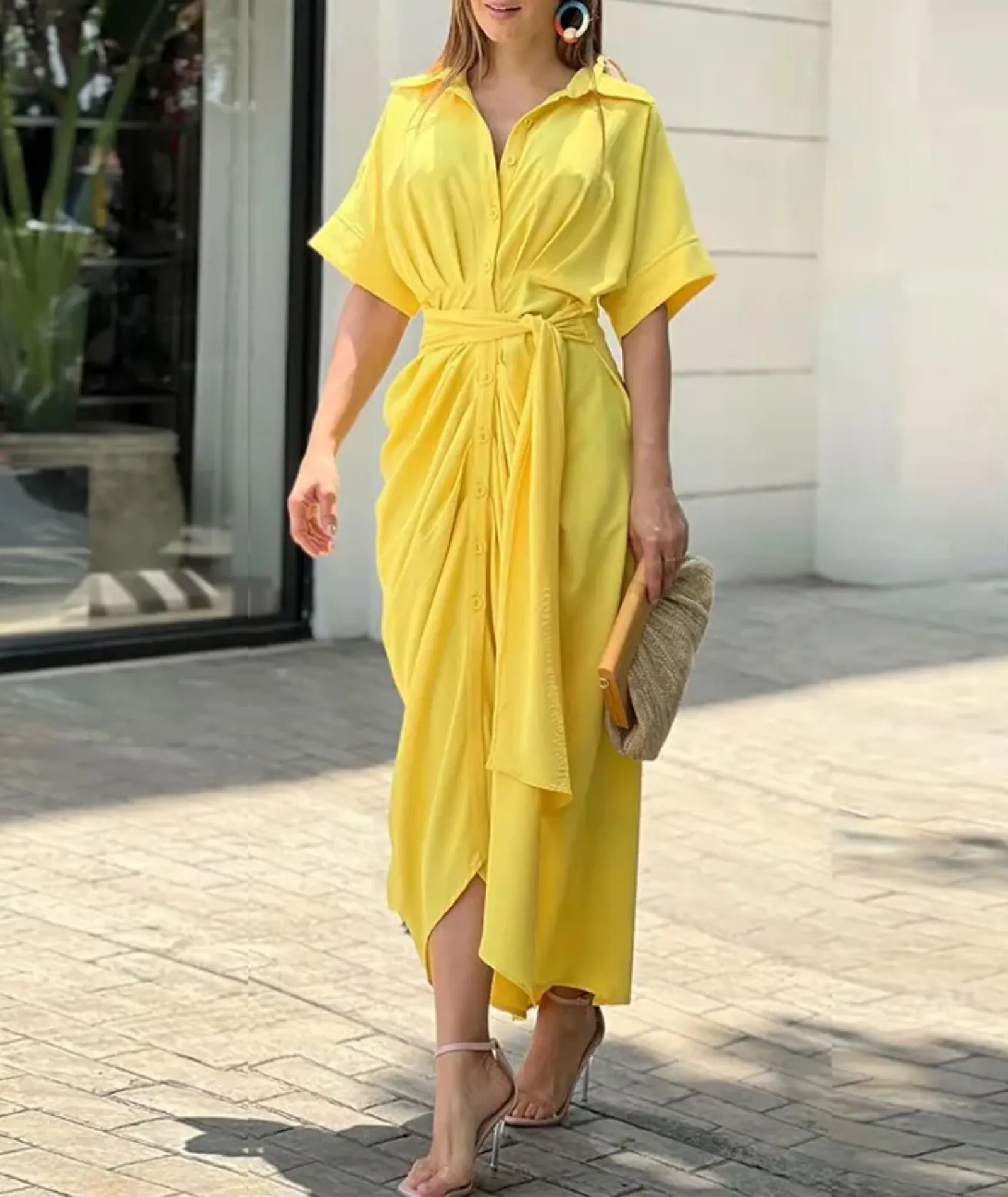Lapel Lace-Up Shirt Dress