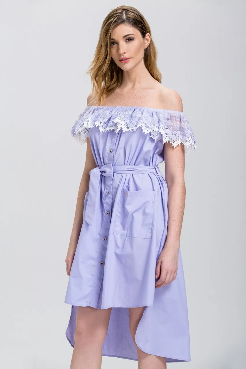 Lavender Lace Off the Shoulder Shirt Midi Dress
