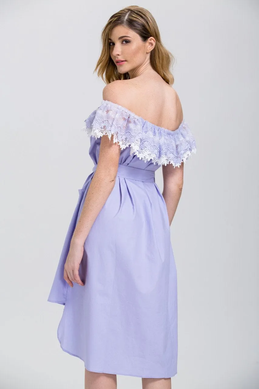 Lavender Lace Off the Shoulder Shirt Midi Dress