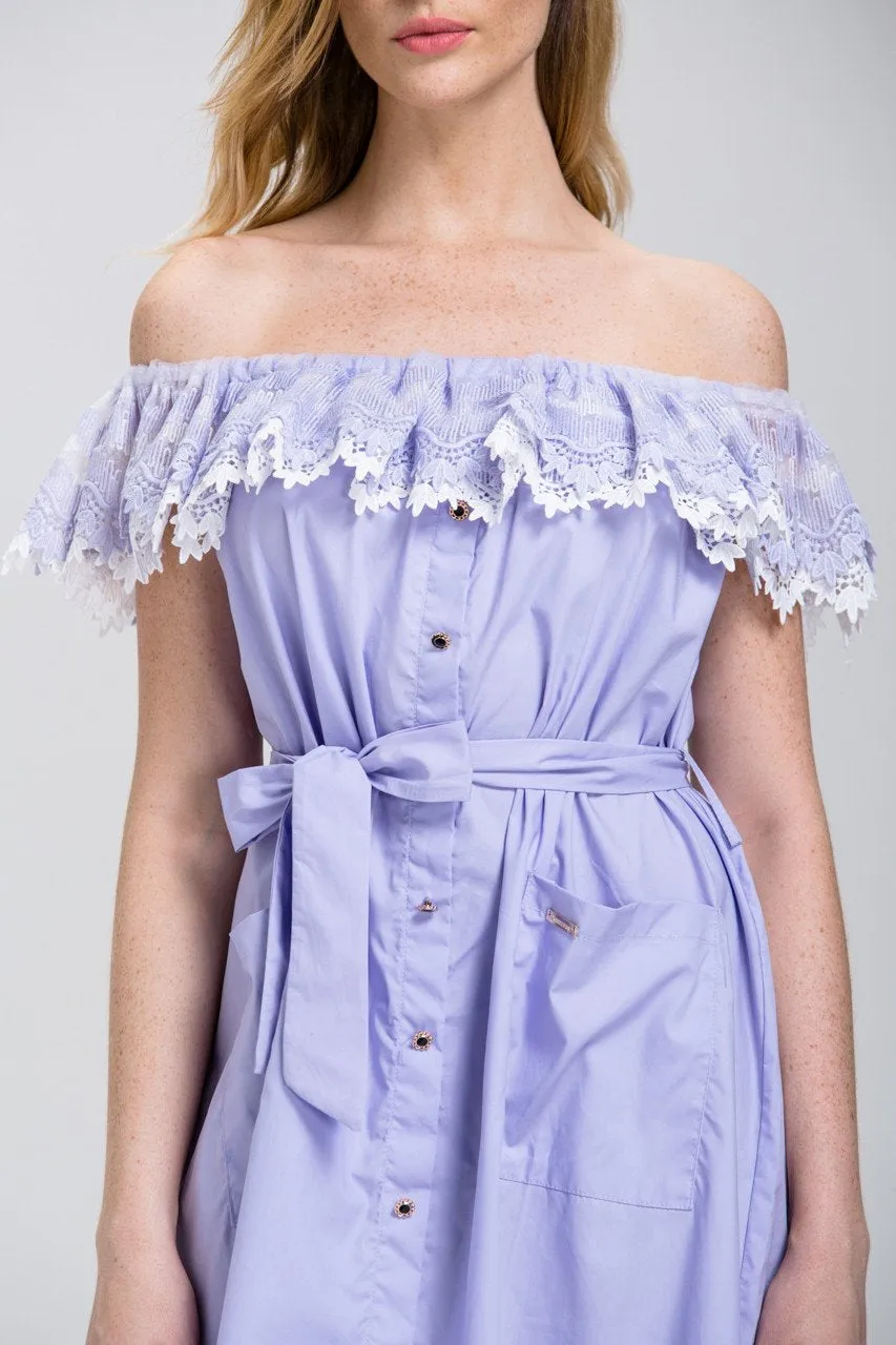 Lavender Lace Off the Shoulder Shirt Midi Dress
