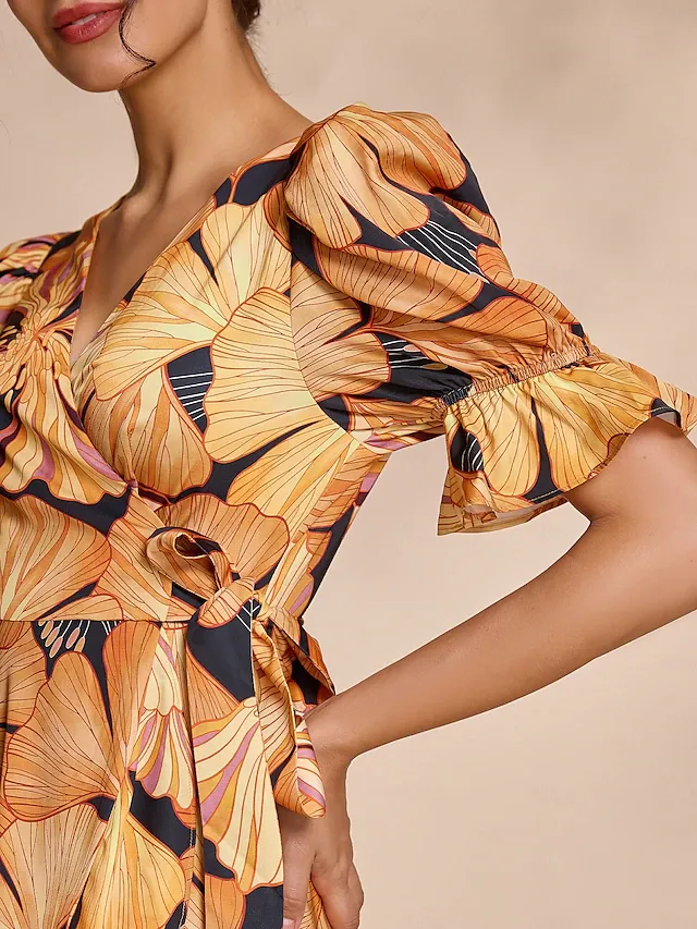 Leaf Tie Front Ruffle Hem Maxi Dress