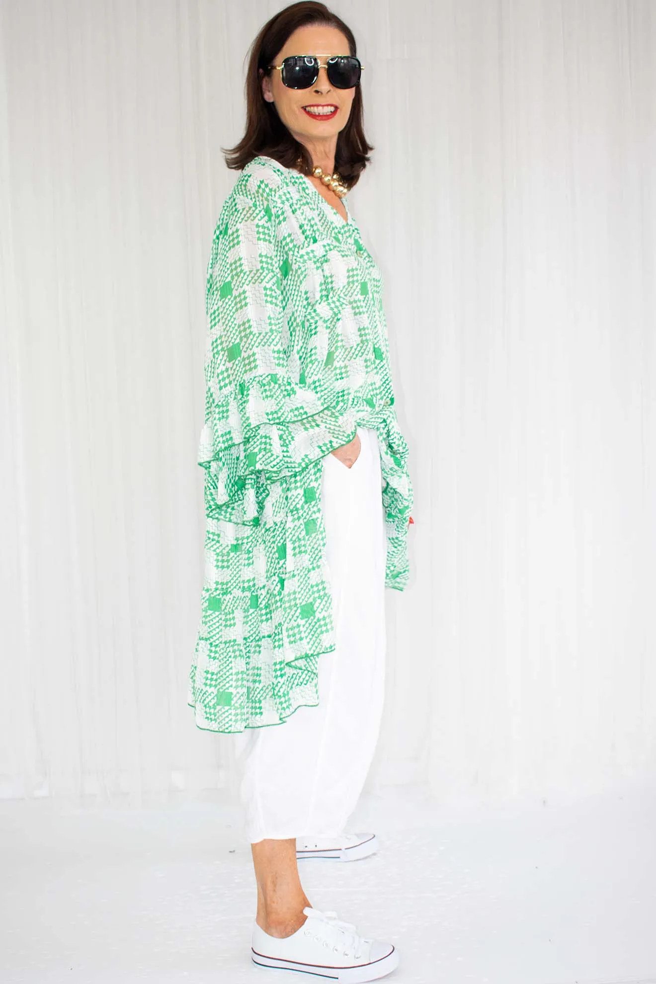 Leonna Layered Frill Shirt/Dress in Green Houndstooth