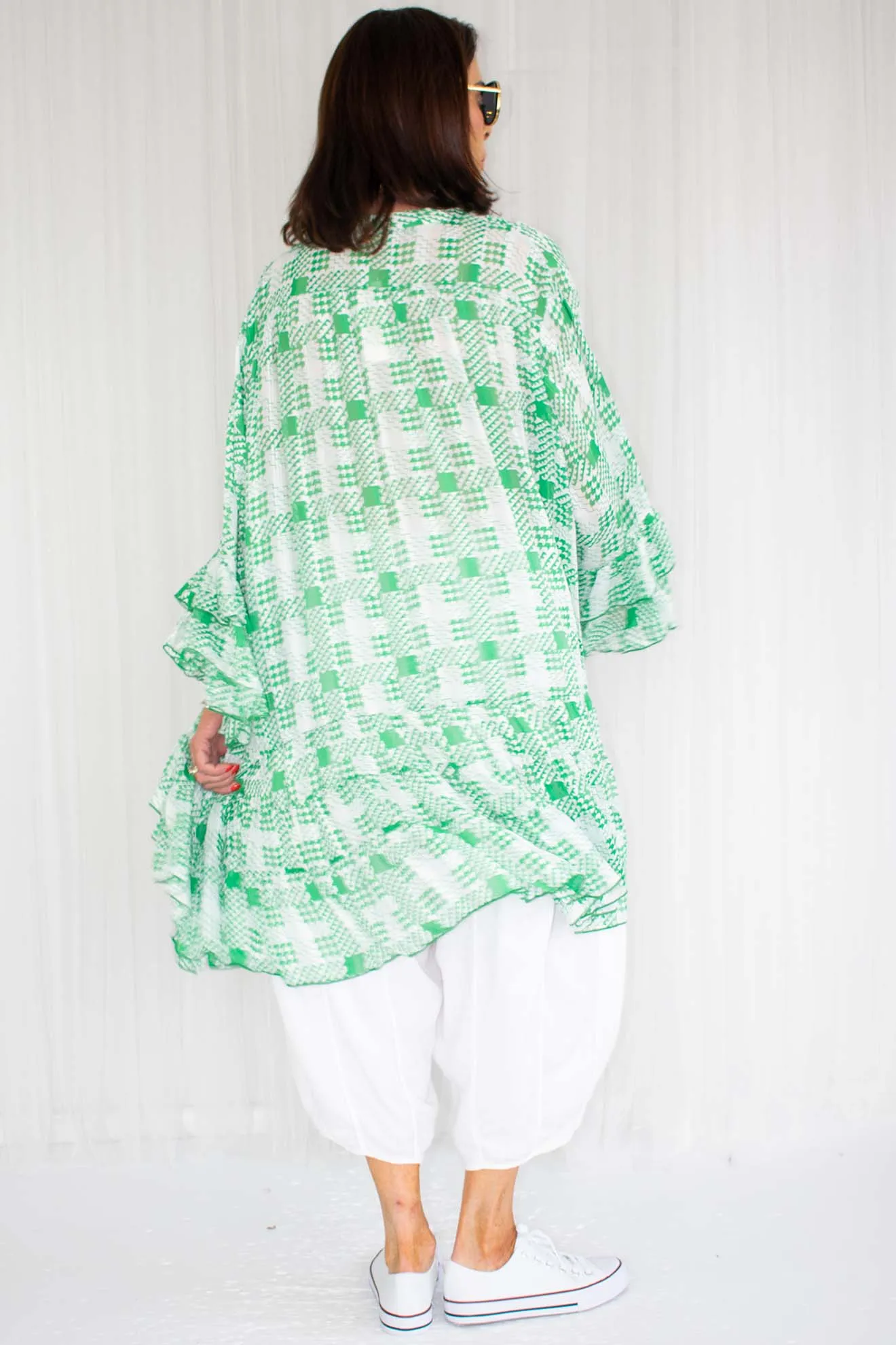 Leonna Layered Frill Shirt/Dress in Green Houndstooth