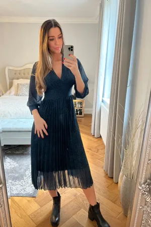 LEOPARD PRINT PLEATED LOW CUT BLUE DRESS