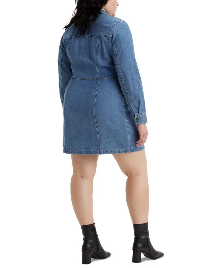 Levi's Plus Size Fashionable Flynn Western Cotton Denim Shirt Dress, Blue