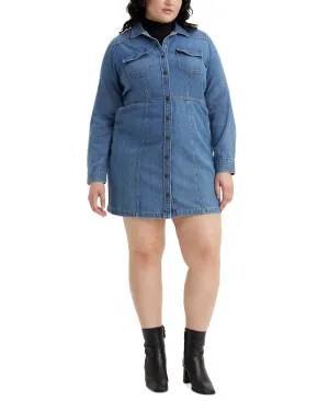 Levi's Plus Size Fashionable Flynn Western Cotton Denim Shirt Dress, Blue