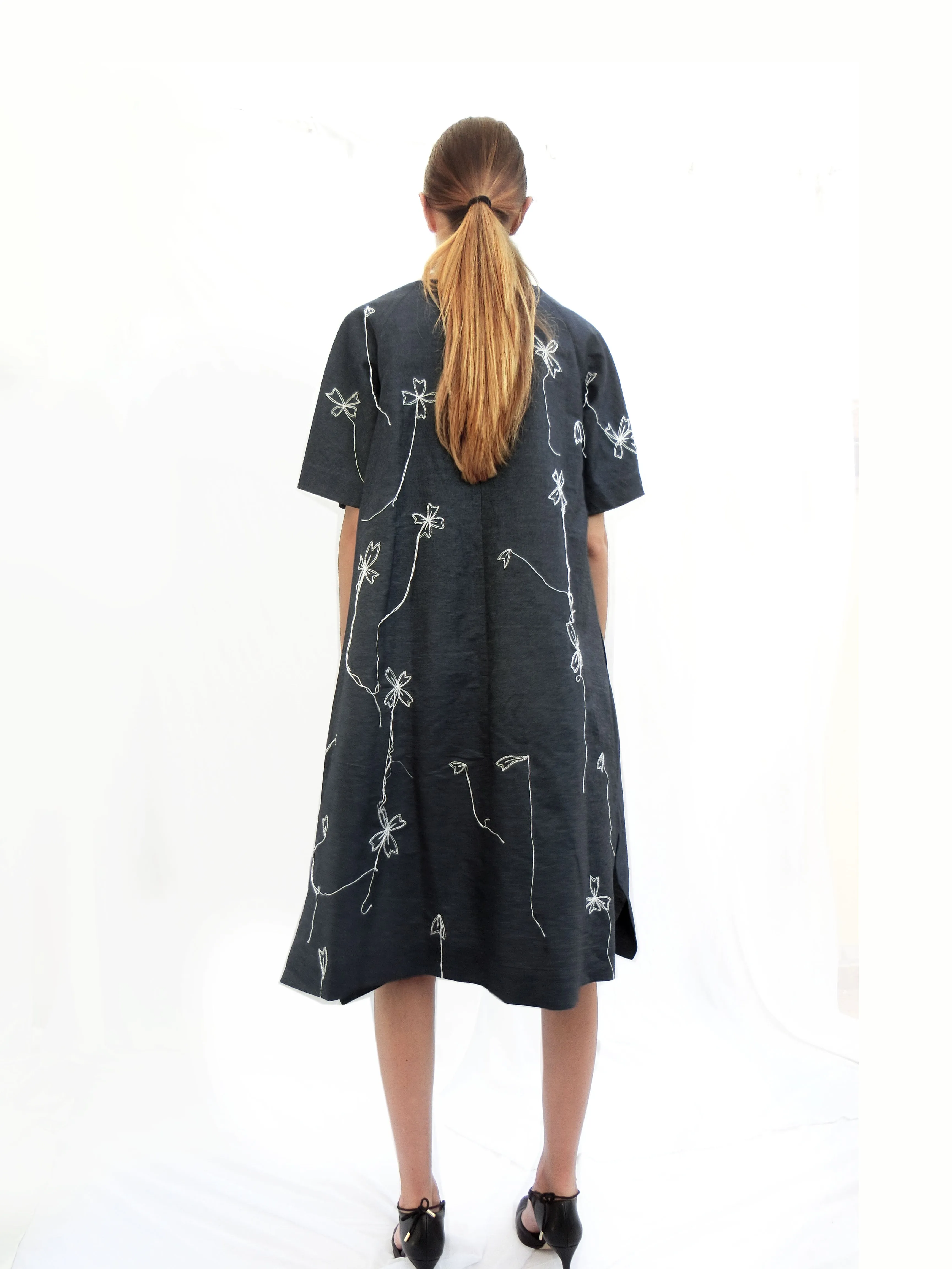 Light denim Dress with Blossoms Stitched Embroidery/ Navy/ 100% Cotton