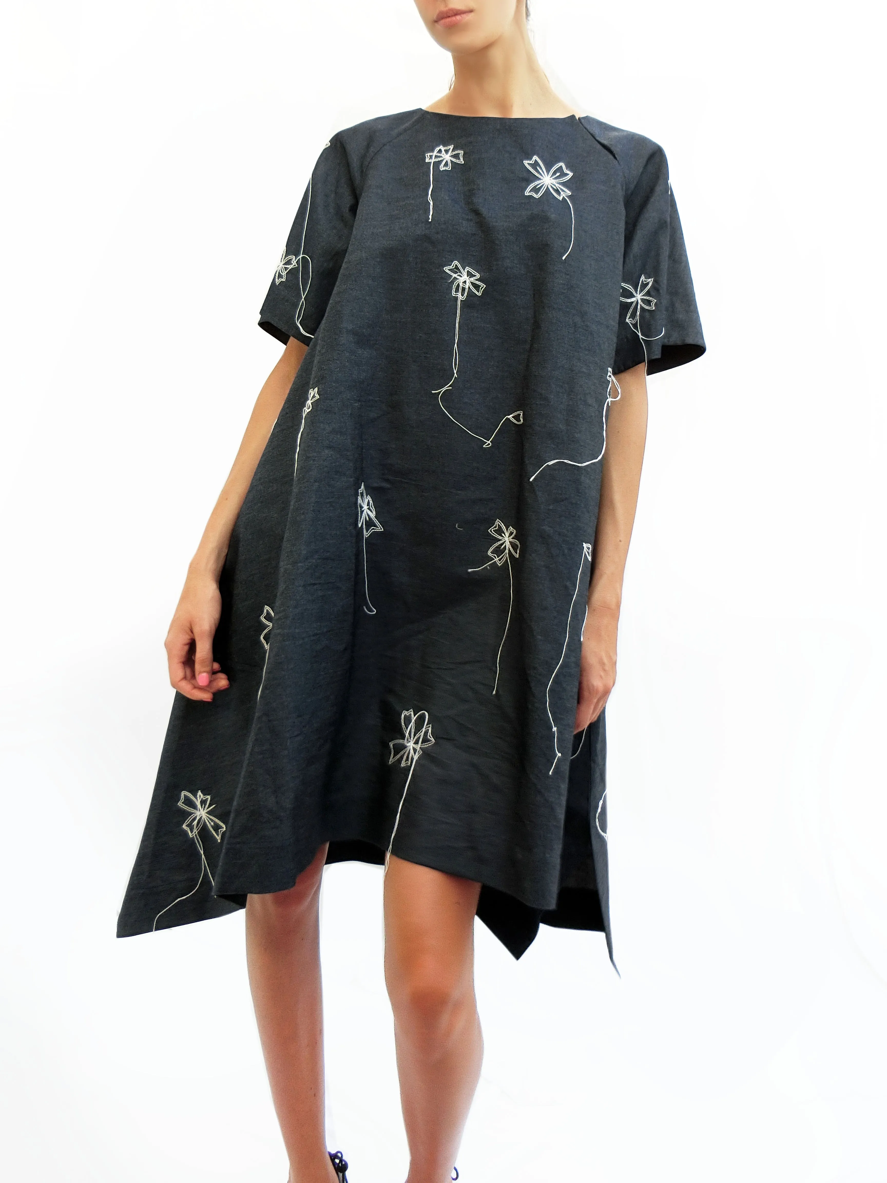Light denim Dress with Blossoms Stitched Embroidery/ Navy/ 100% Cotton