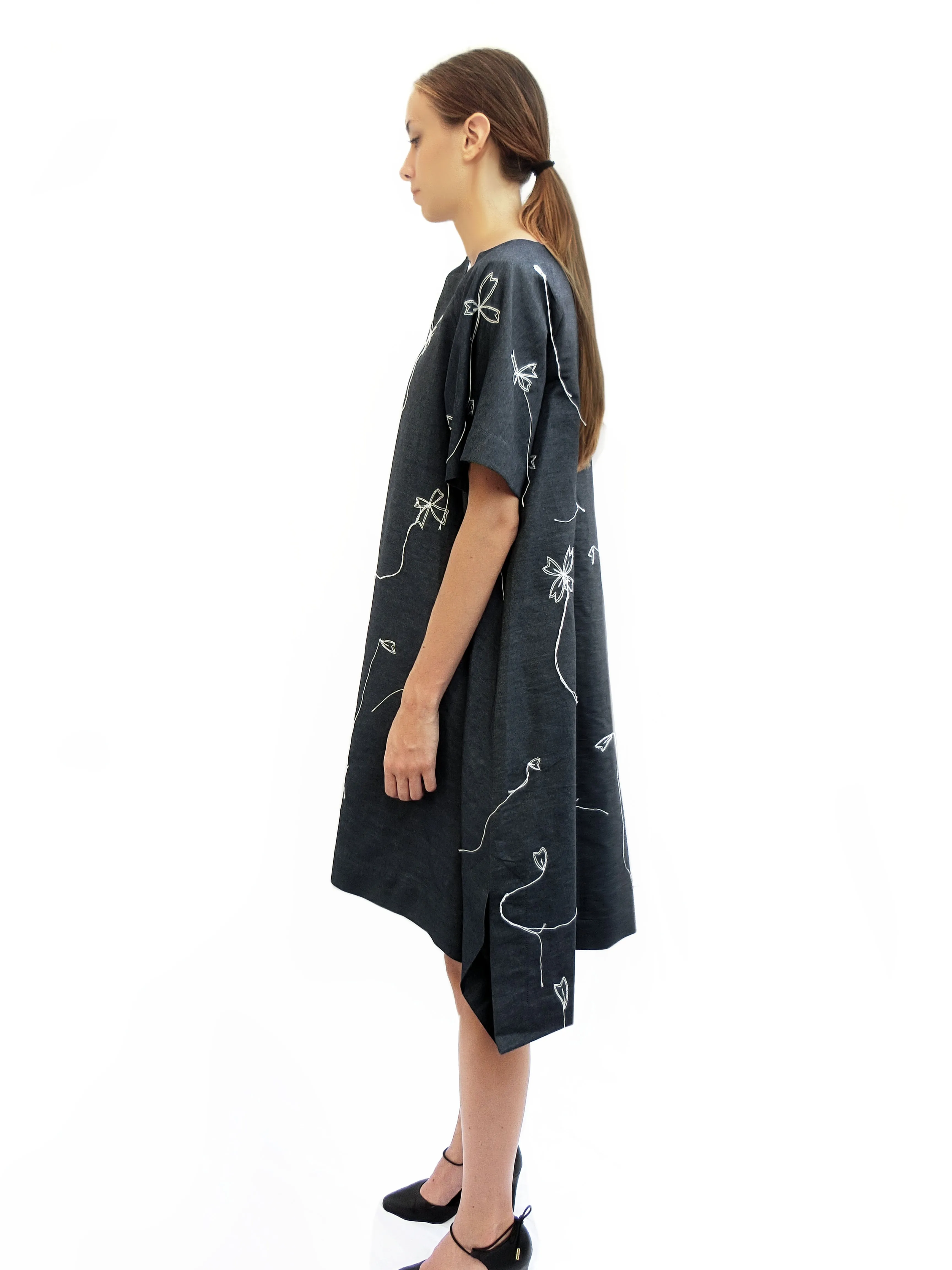 Light denim Dress with Blossoms Stitched Embroidery/ Navy/ 100% Cotton