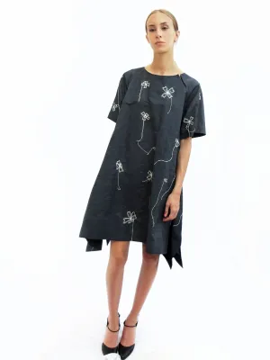 Light denim Dress with Blossoms Stitched Embroidery/ Navy/ 100% Cotton