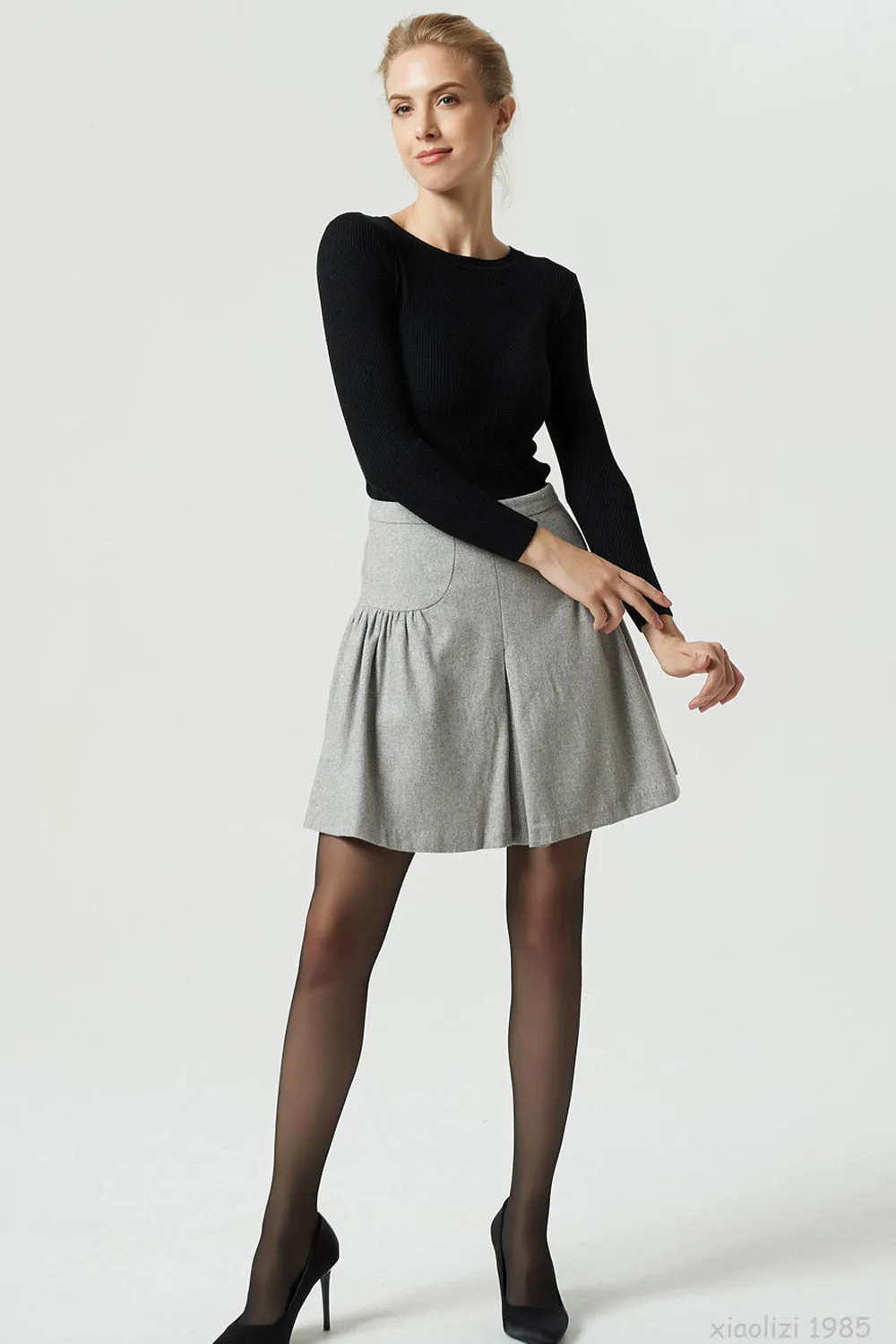 light gray mini wool skirt, pleated short skirt 1985