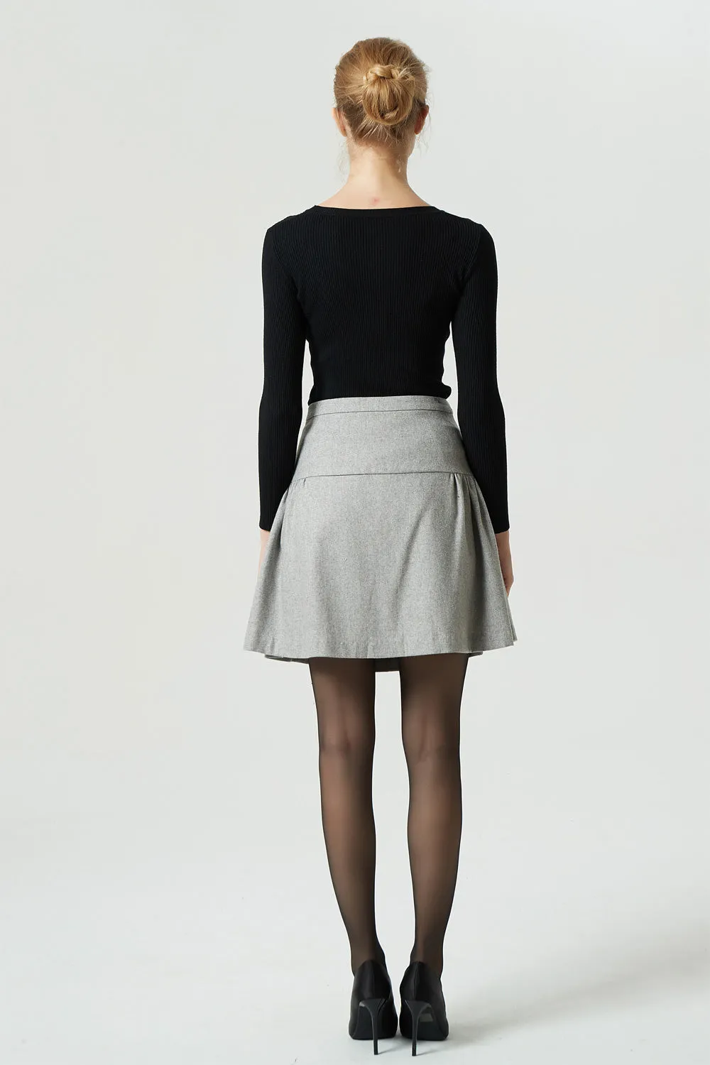 light gray mini wool skirt, pleated short skirt 1985