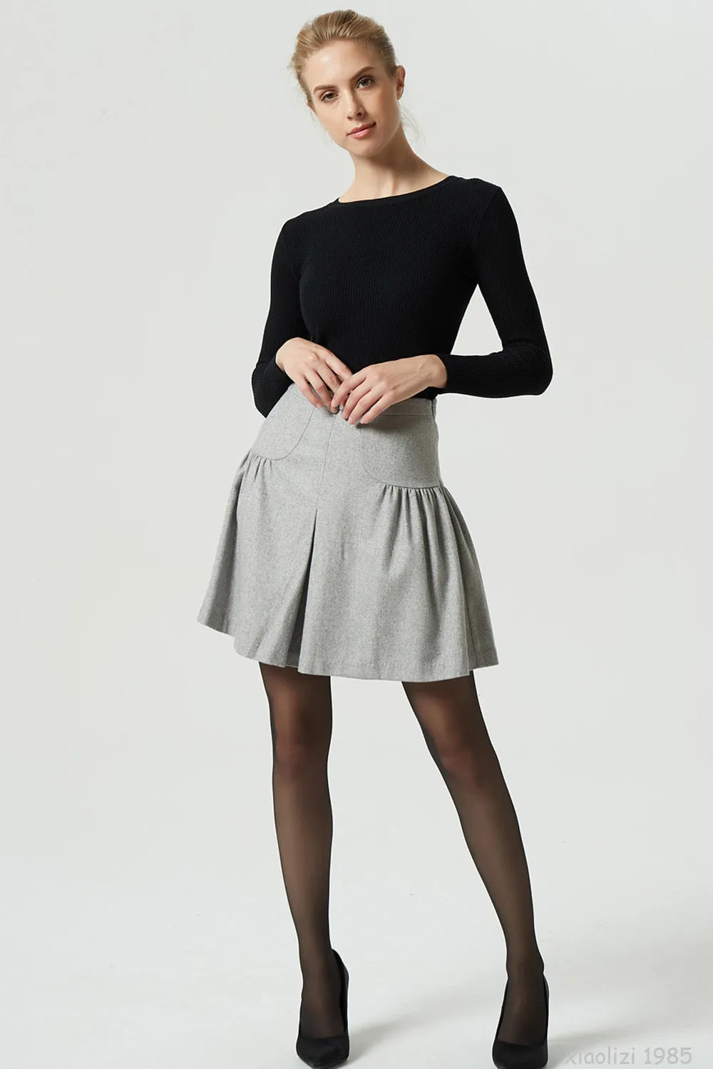 light gray mini wool skirt, pleated short skirt 1985