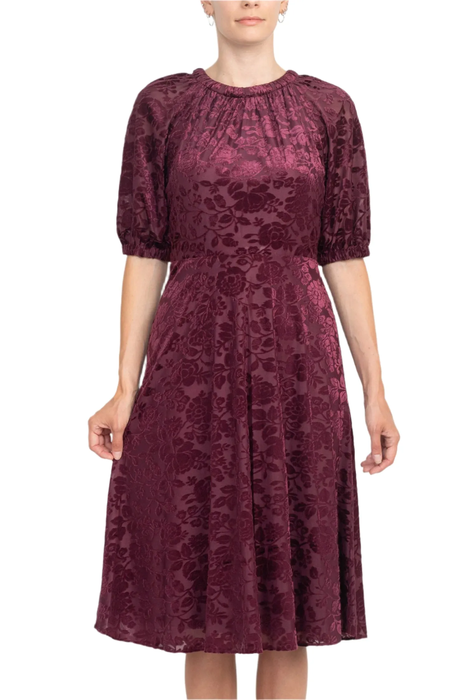 London Times Boat Neck Short Bishop Sleeves Over the Knee Velvet Dress