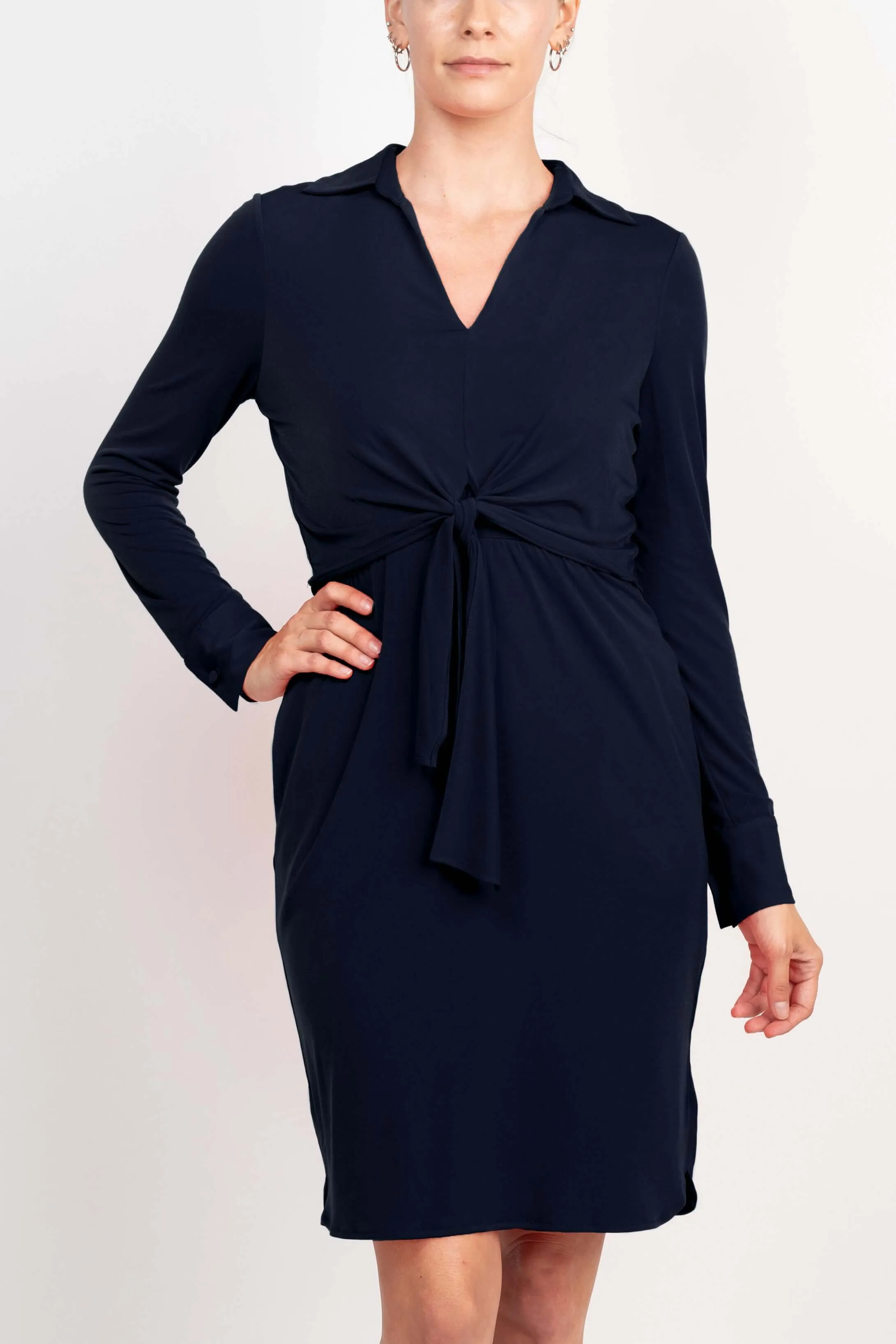 London Times Collared V-Neck Long Sleeve Solid Tie Front Short Matte Jersey Dress