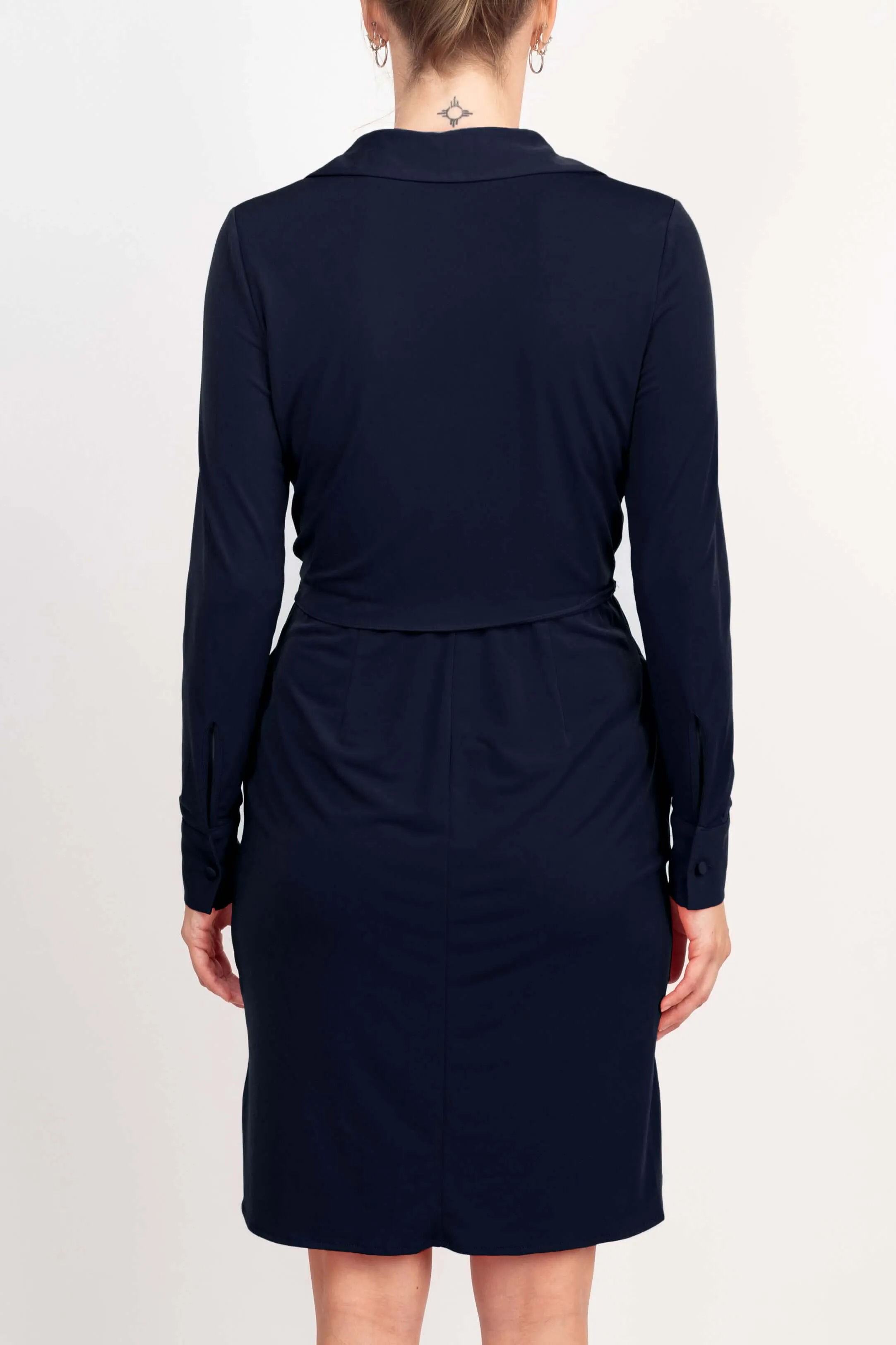 London Times Collared V-Neck Long Sleeve Solid Tie Front Short Matte Jersey Dress
