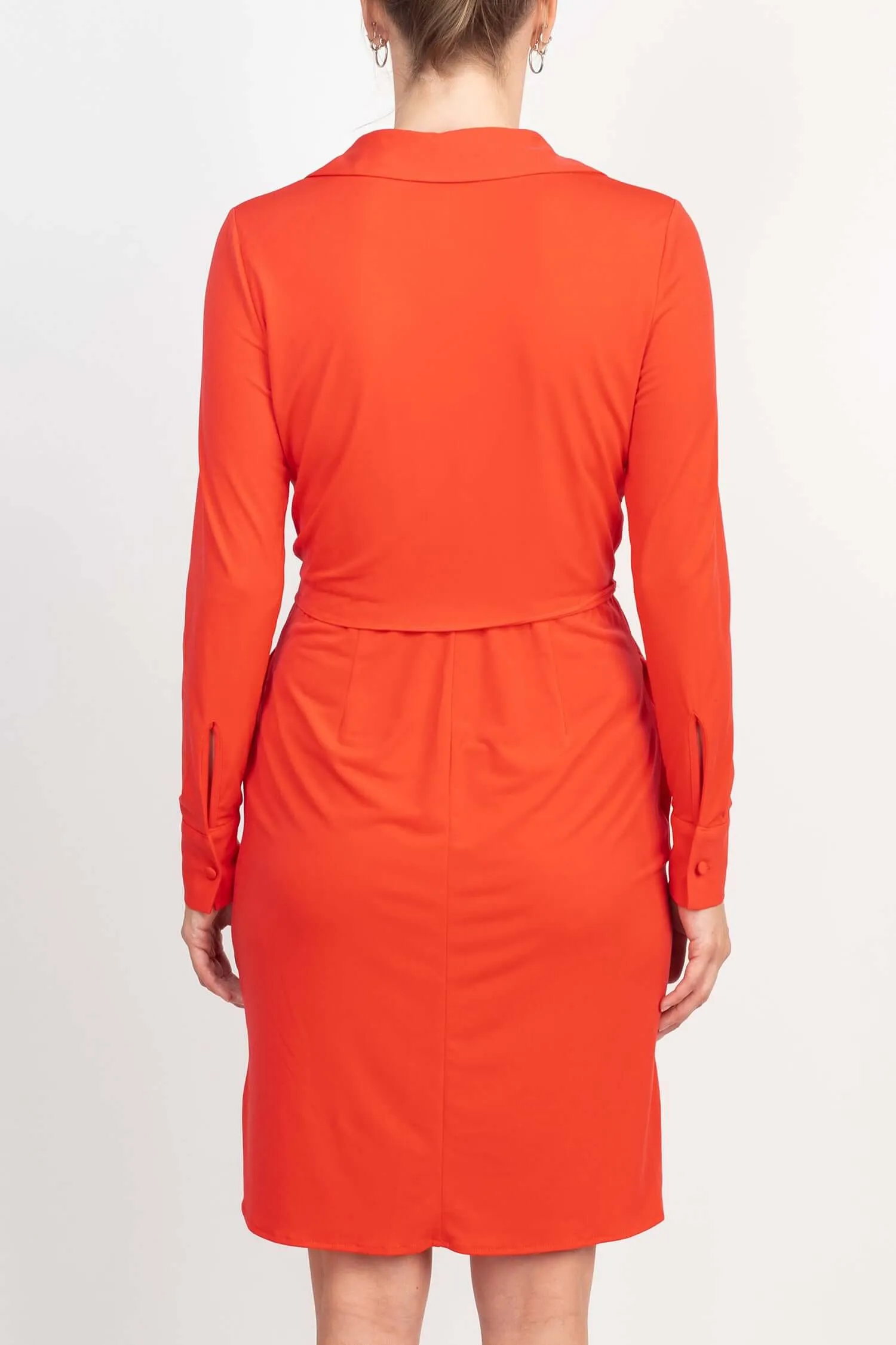 London Times Collared V-Neck Long Sleeve Solid Tie Front Short Matte Jersey Dress