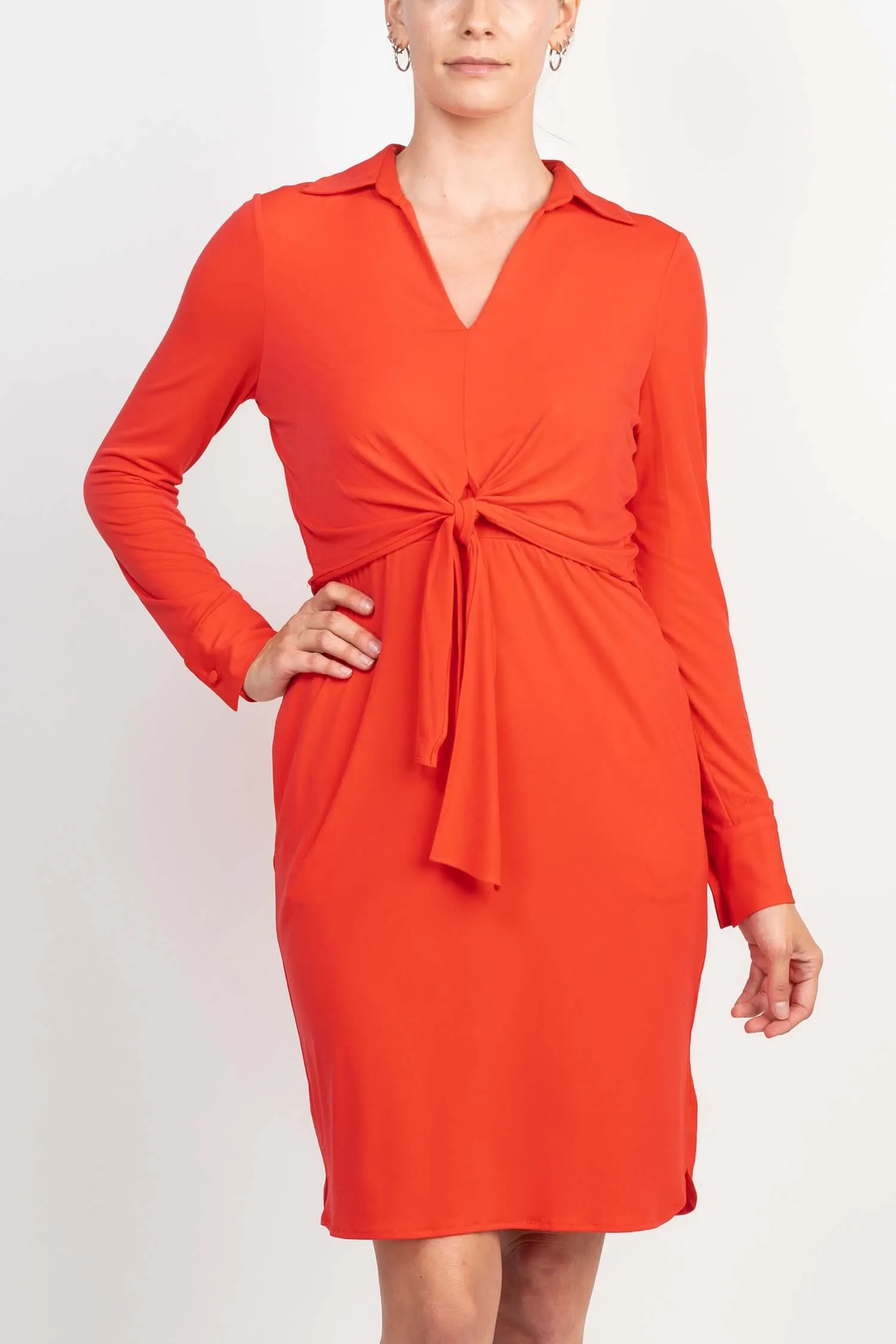 London Times Collared V-Neck Long Sleeve Solid Tie Front Short Matte Jersey Dress