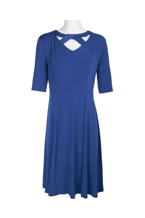 London Times Crew Neck Crossed Front 3/4 Sleeve Zipper Back Fit & Flare ITY Dress
