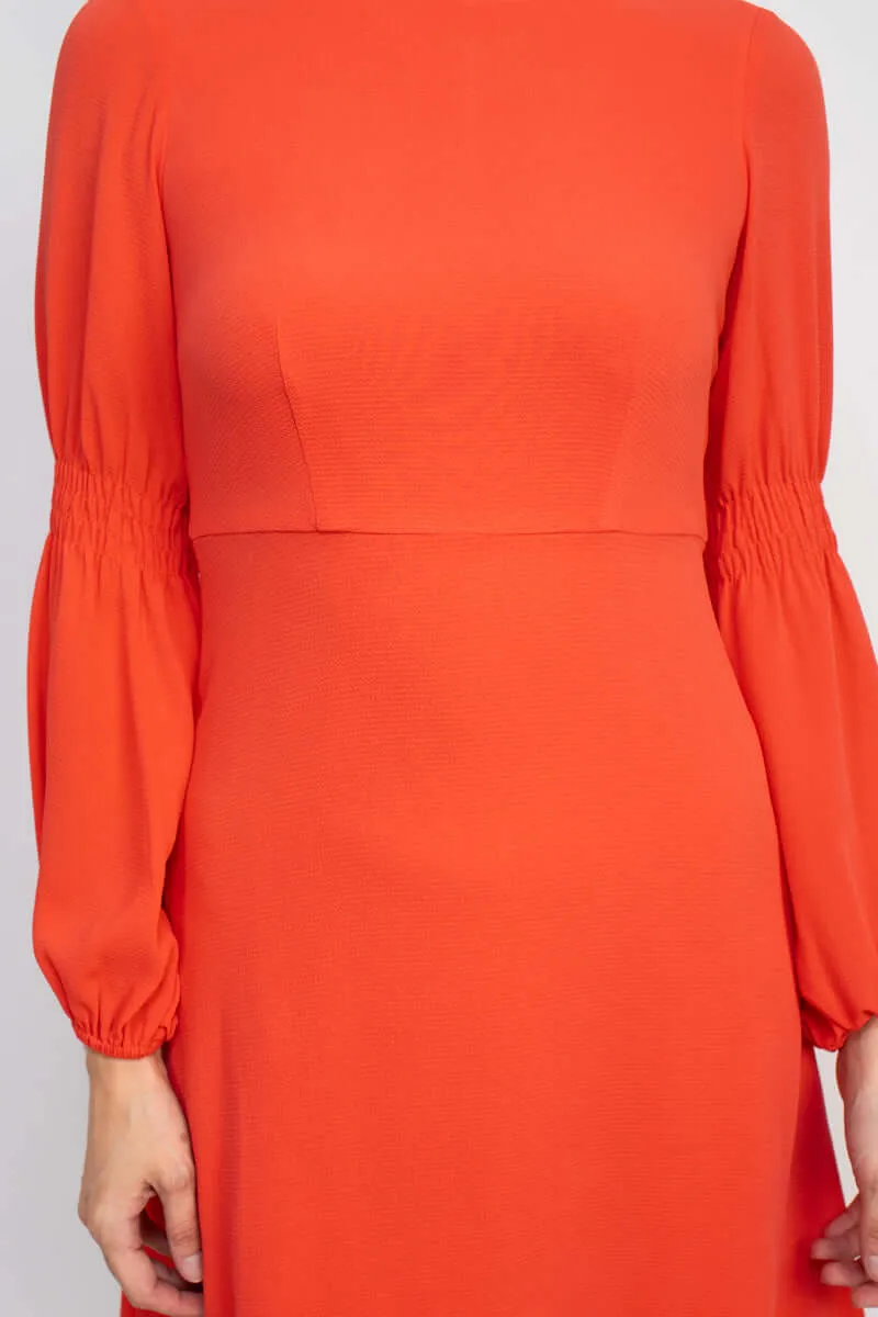 London Times Crew Neck Elastic Cuff A-Line Zipper Back Solid Dress (Petite)