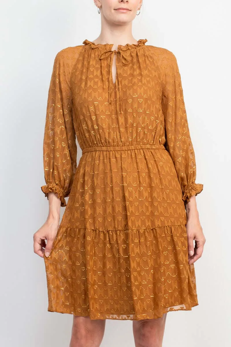 London Times Ruffle Neck Cuff Sleeve Elastic Waist Tiered Chiffon Dress