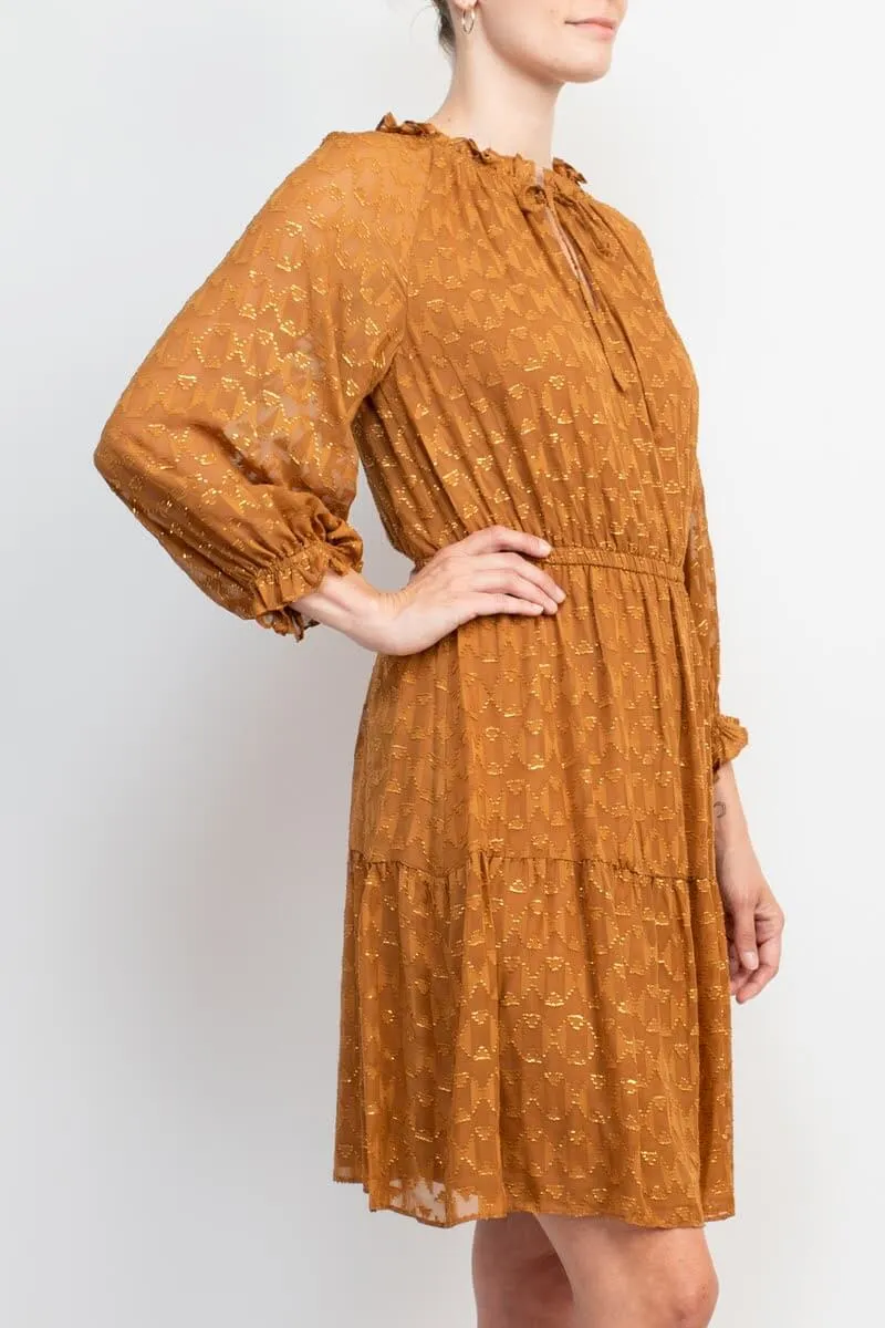 London Times Ruffle Neck Cuff Sleeve Elastic Waist Tiered Chiffon Dress