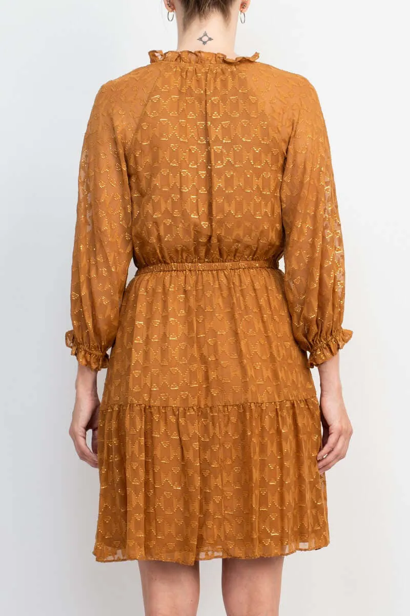 London Times Ruffle Neck Cuff Sleeve Elastic Waist Tiered Chiffon Dress