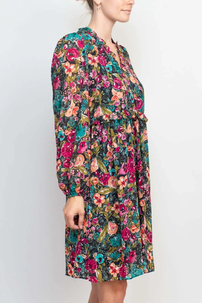 London Times Ruffle V-Neck Elastic Cuff Long Sleeve Floral Print Zipper Back Baby Doll Crepe Dress