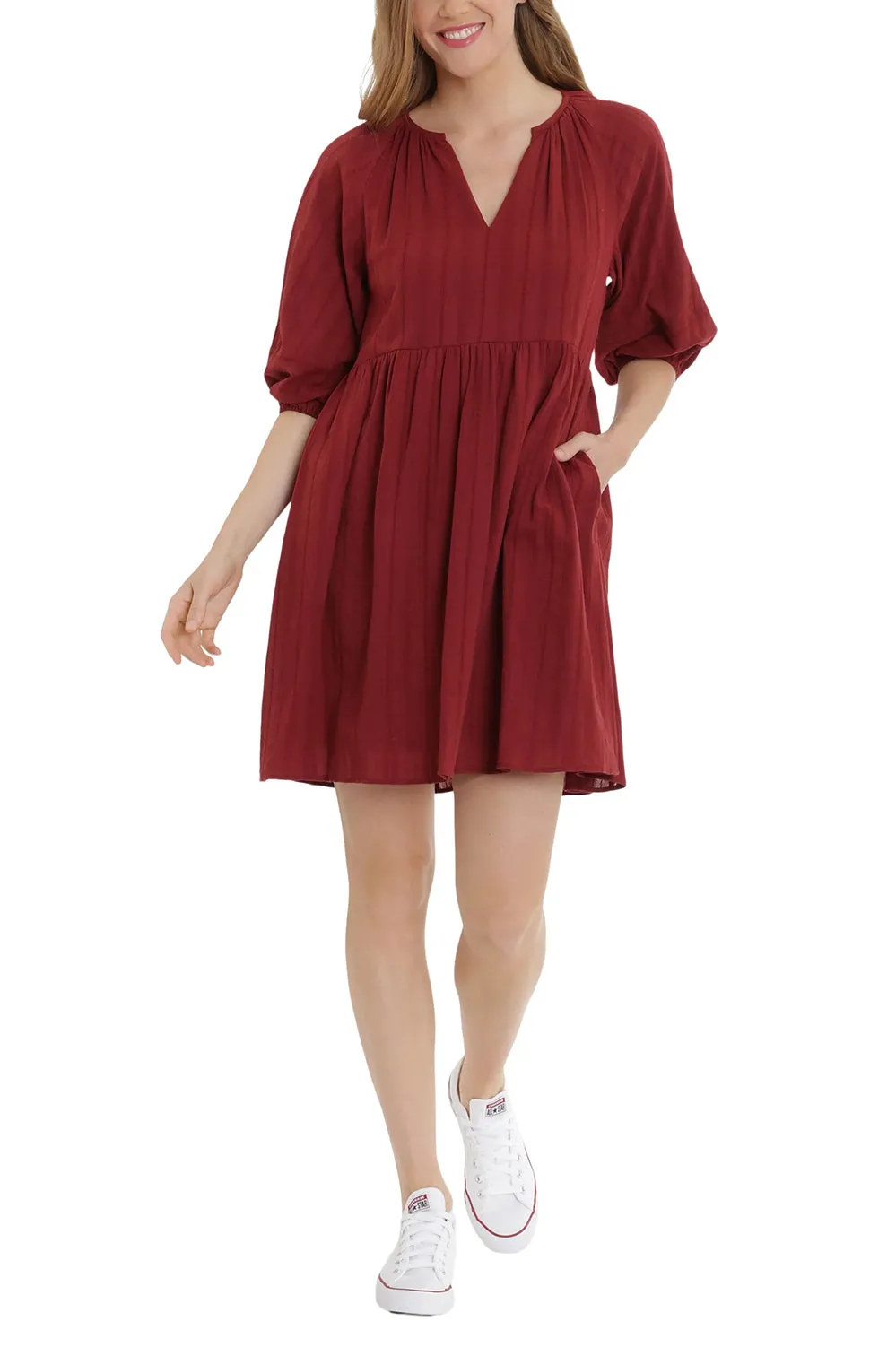 London Times V-Neck 3/4 Sleeves with Elastic Hems Short Blouson Cotton Dress