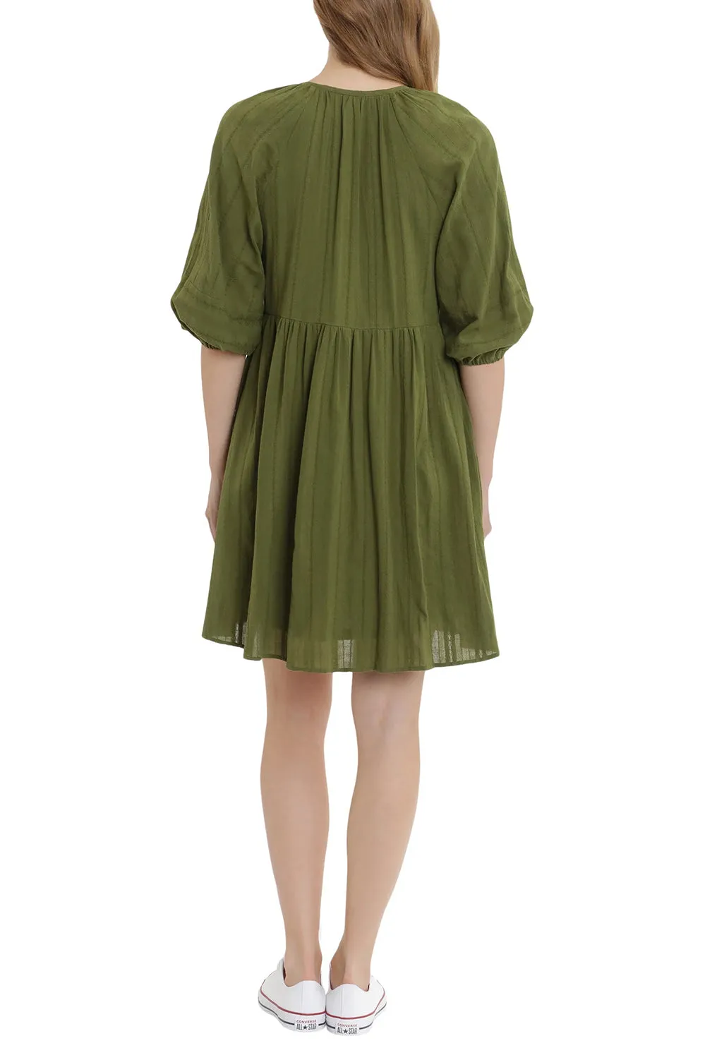 London Times V-Neck 3/4 Sleeves with Elastic Hems Short Blouson Cotton Dress