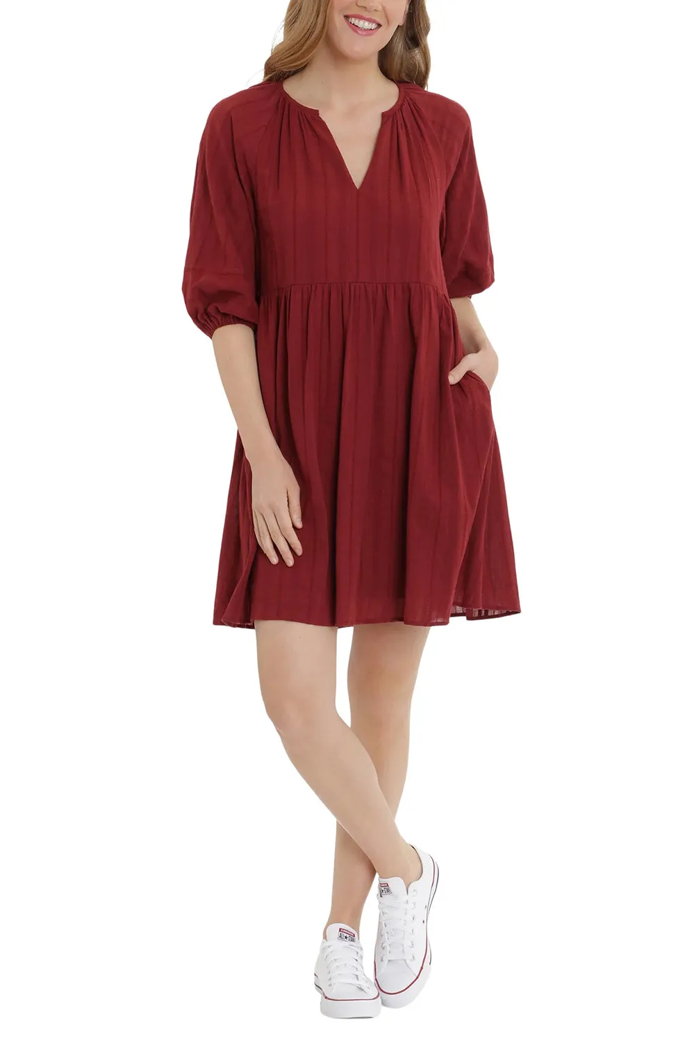 London Times V-Neck 3/4 Sleeves with Elastic Hems Short Blouson Cotton Dress