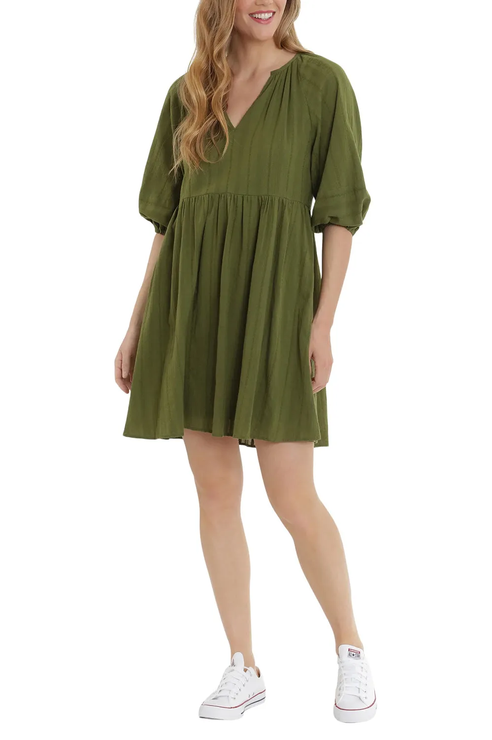 London Times V-Neck 3/4 Sleeves with Elastic Hems Short Blouson Cotton Dress