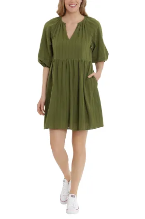 London Times V-Neck 3/4 Sleeves with Elastic Hems Short Blouson Cotton Dress