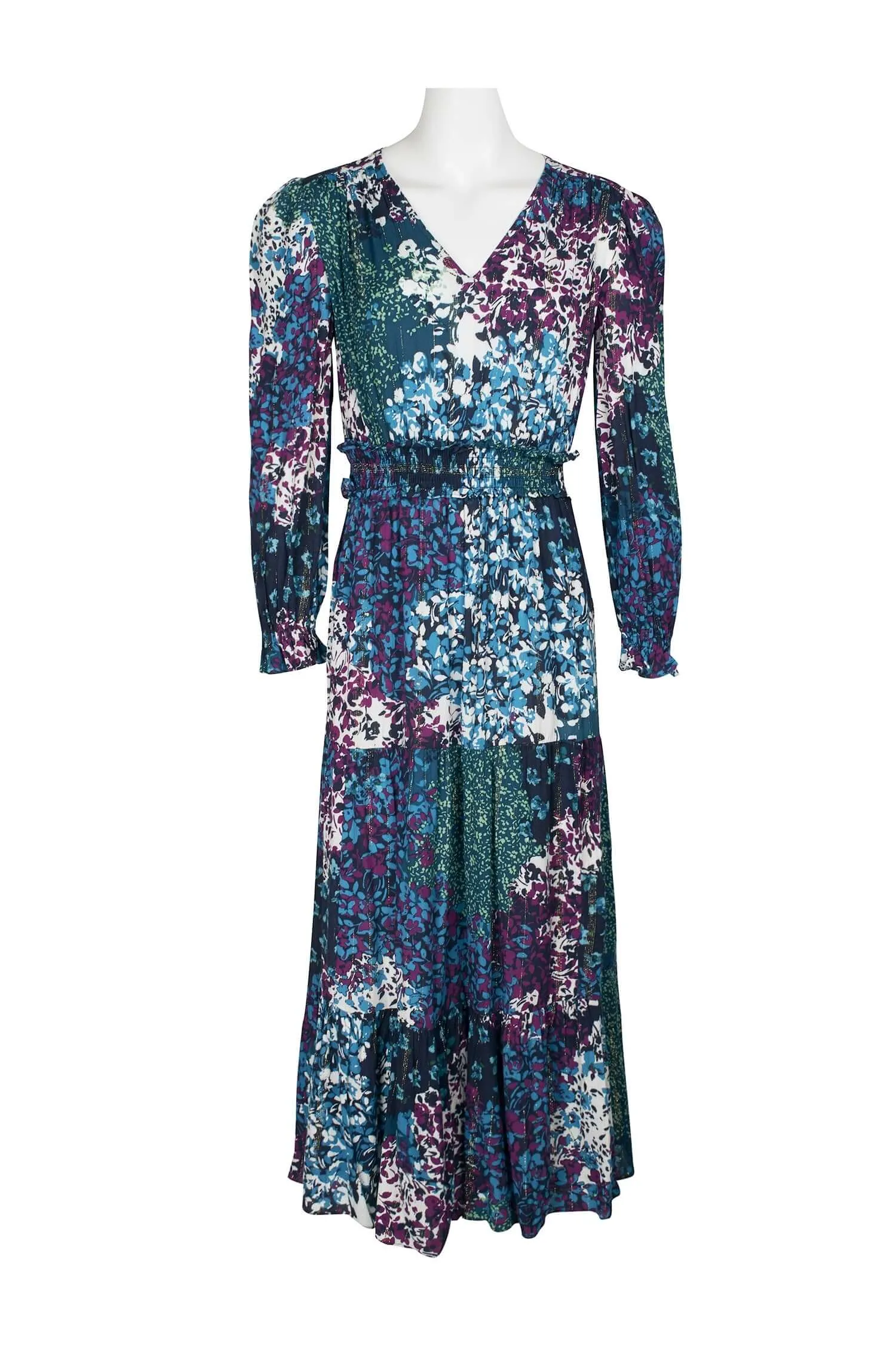 London Times V-Neck Elastic Long Sleeve Elastic Waist Multi Print Tiered Midi Rayon Dress
