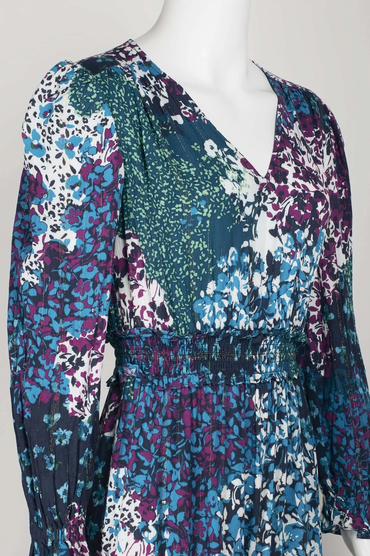 London Times V-Neck Elastic Long Sleeve Elastic Waist Multi Print Tiered Midi Rayon Dress