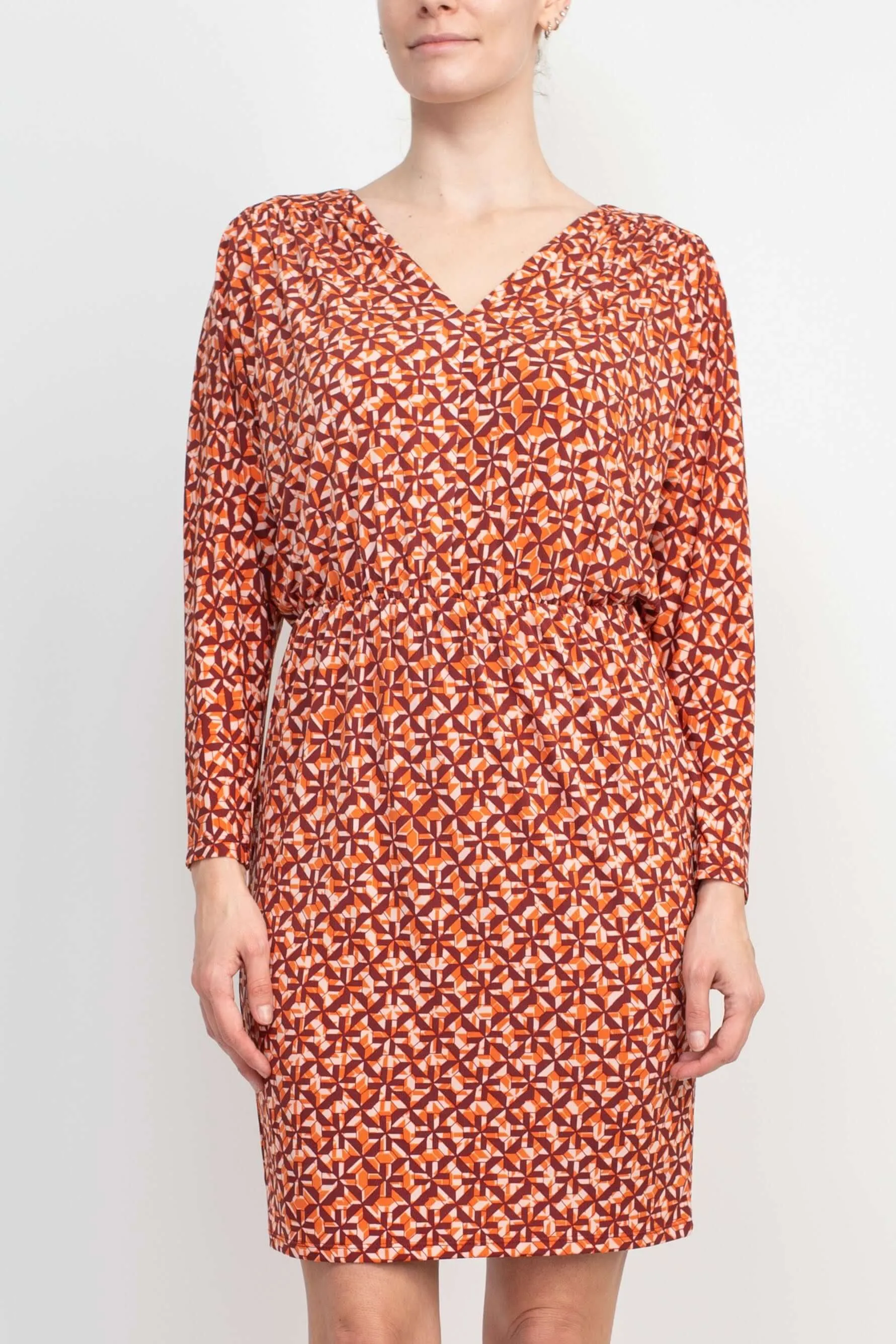 London Times V-Neck Long Dolman Sleeve Blouson Elastic Waist Printed ITY Dress