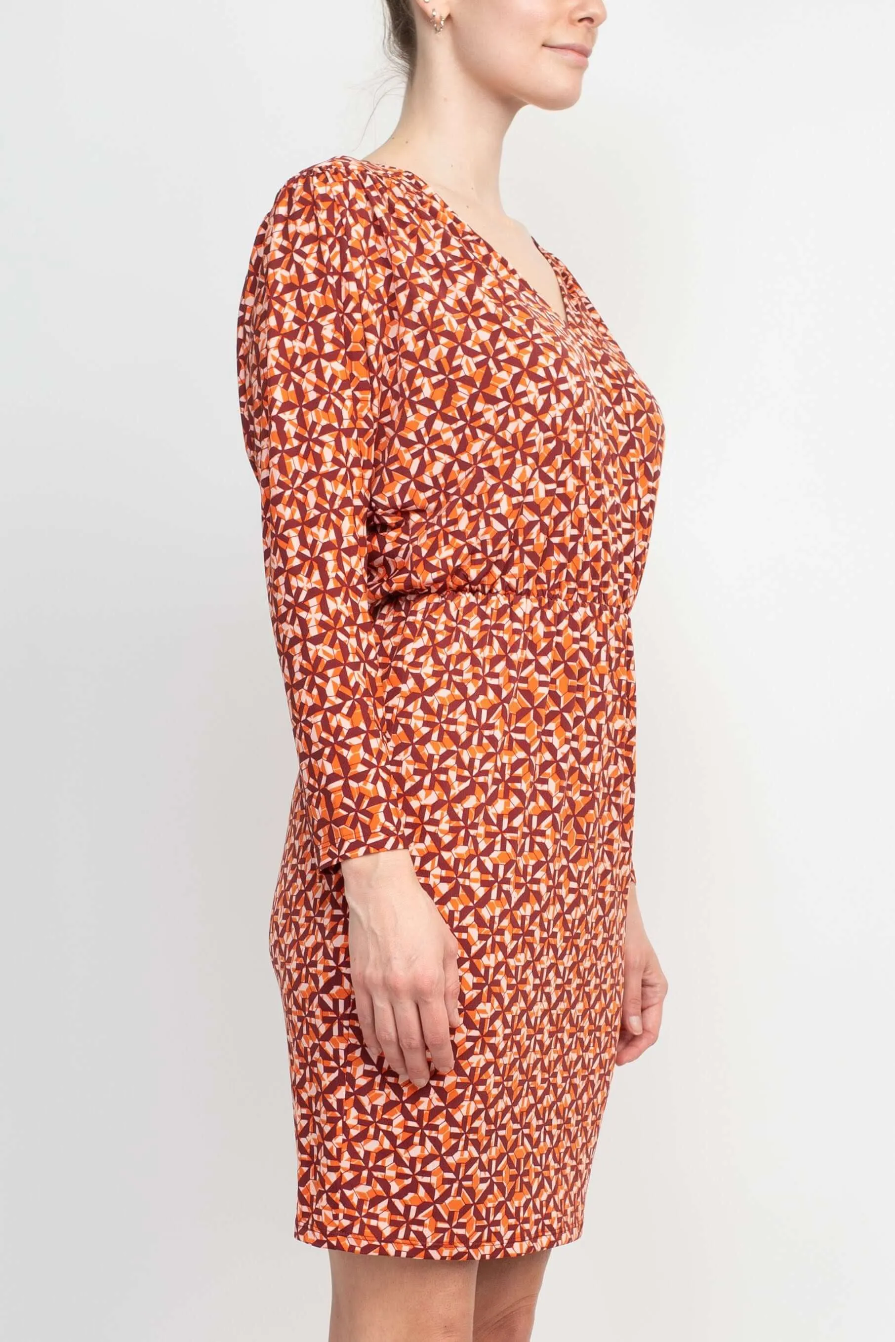 London Times V-Neck Long Dolman Sleeve Blouson Elastic Waist Printed ITY Dress