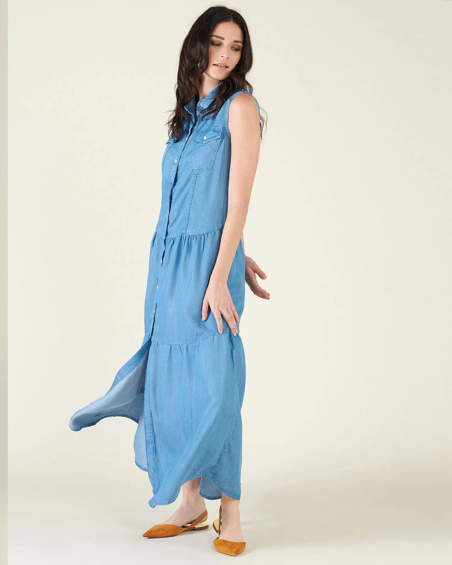 Long denim shirt-dress