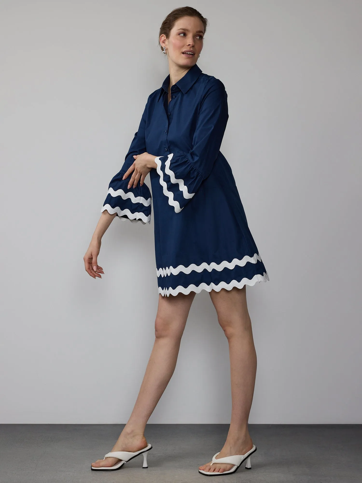 Long Sleeve Rik Rak Poplin Mini Dress