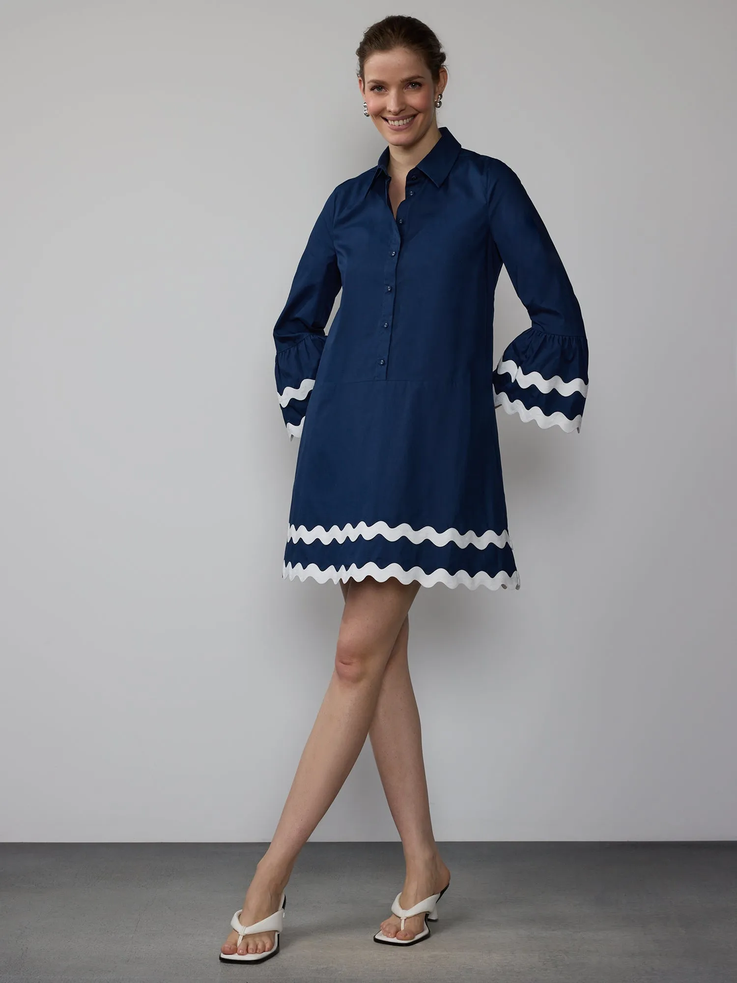 Long Sleeve Rik Rak Poplin Mini Dress