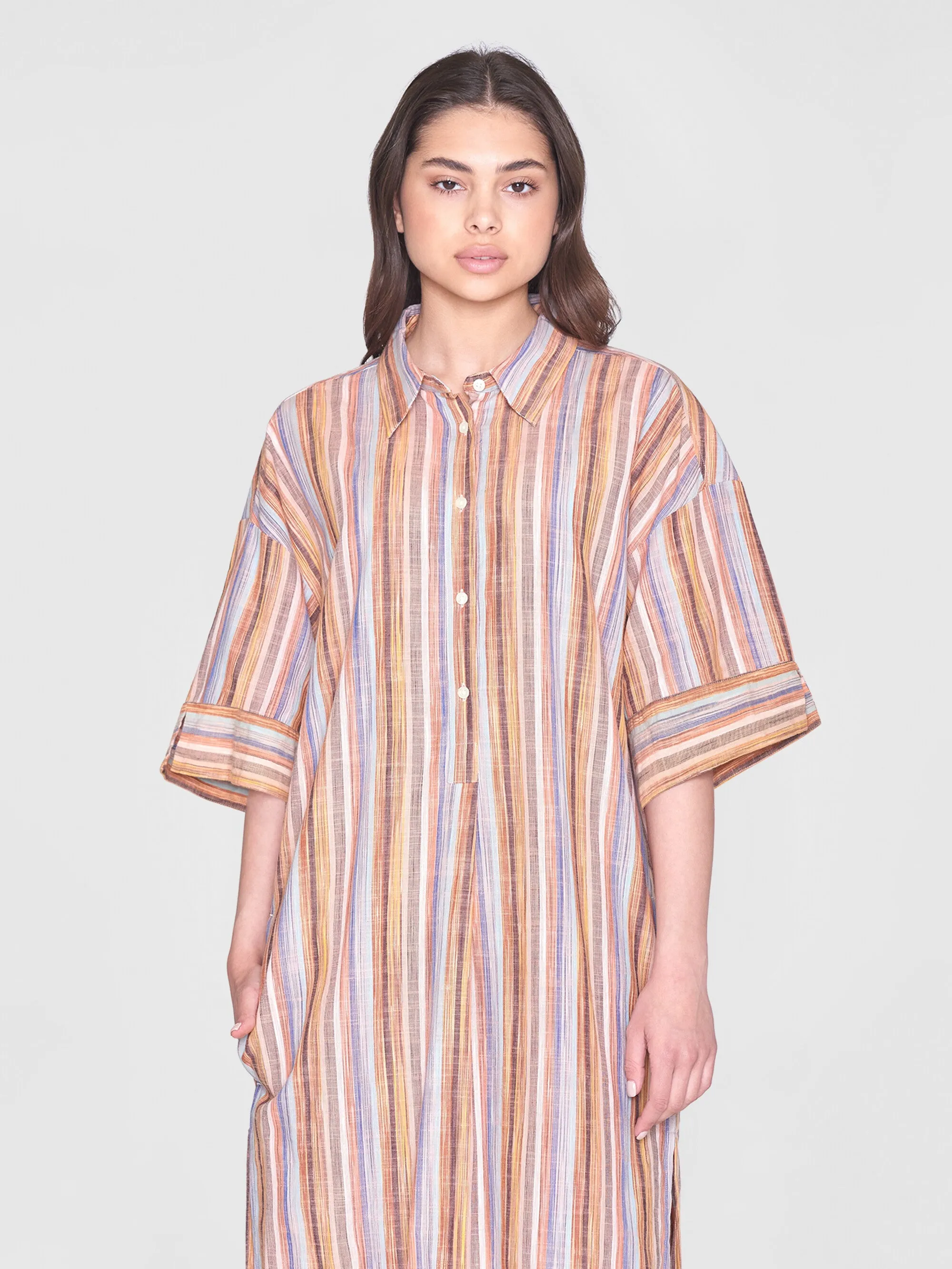 Loose multicolored stripe short sleeved shirt dress - GOTS/Vegan - Multi color stripe
